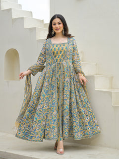 Beige Cotton Hand Block Anarkali Kurta Pant Sets Dupatta with Jecket
