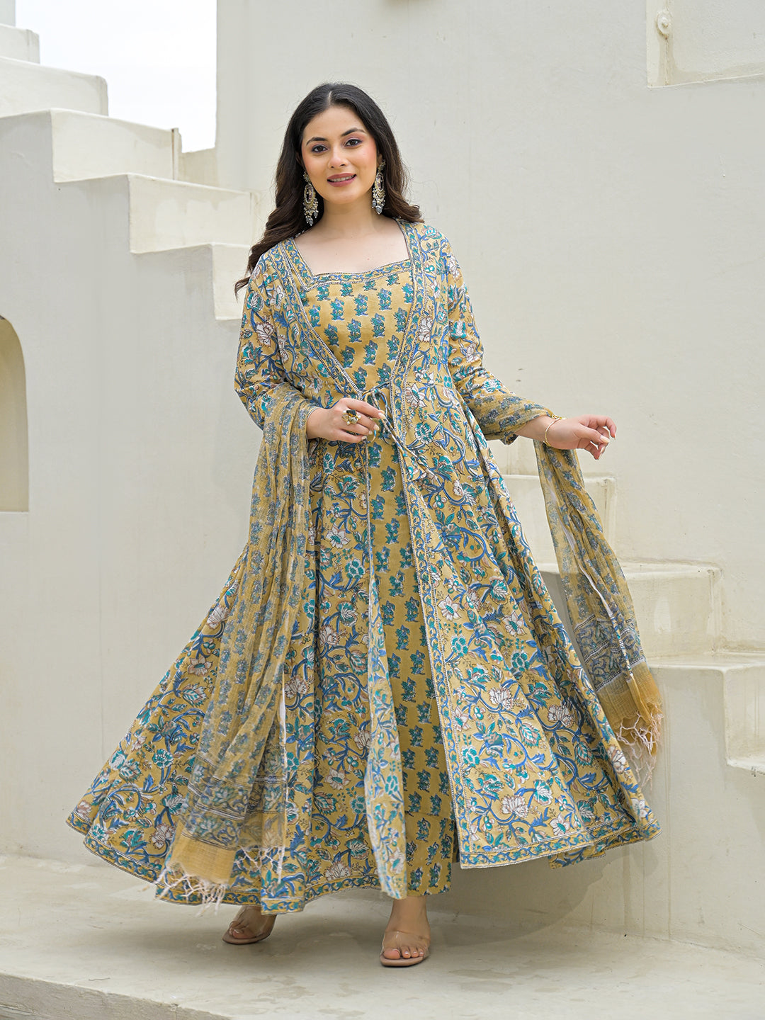 Beige Cotton Hand Block Anarkali Kurta Pant Sets Dupatta with Jecket