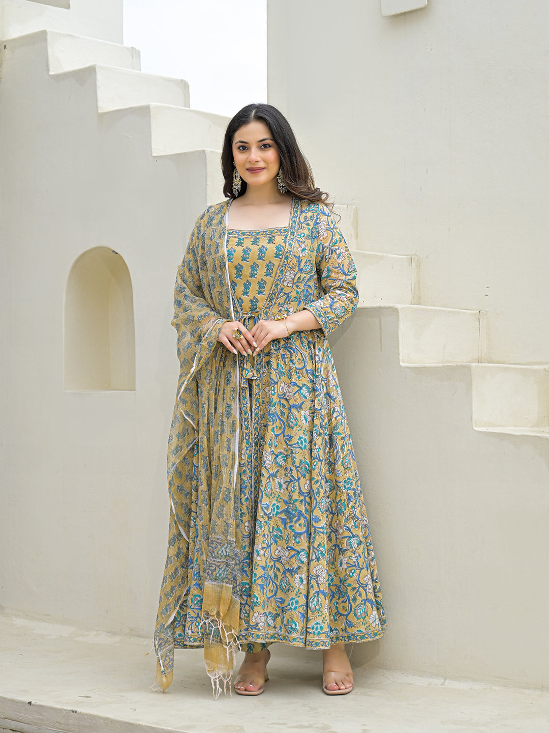Beige Cotton Hand Block Anarkali Kurta Pant Sets Dupatta with Jecket