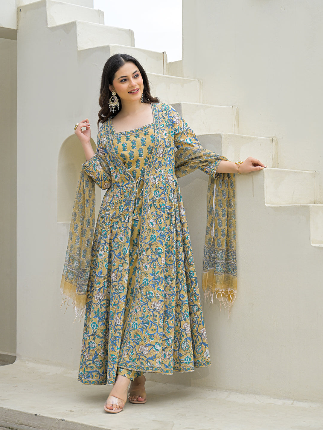 Beige Cotton Hand Block Anarkali Kurta Pant Sets Dupatta with Jecket