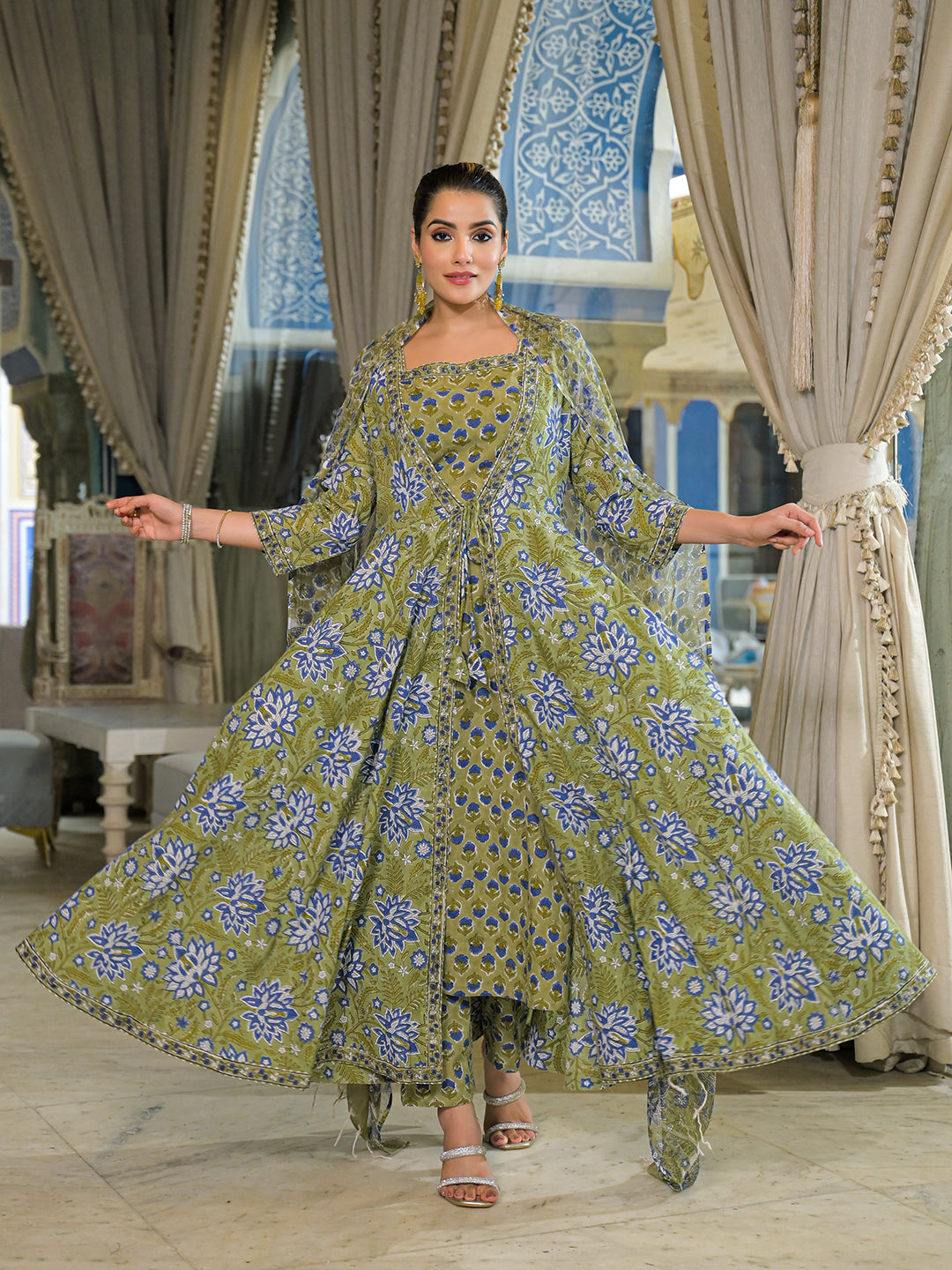 Green Hand Block Cotton Anarkali Kurta Pant With Dupatta & Jecket