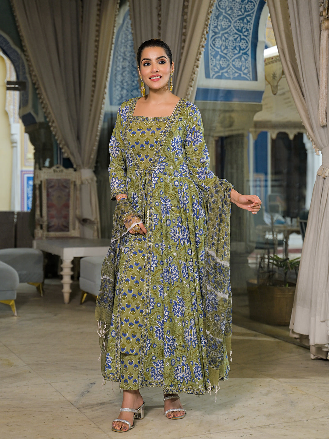 Green Hand Block Cotton Anarkali Kurta Pant With Dupatta & Jecket