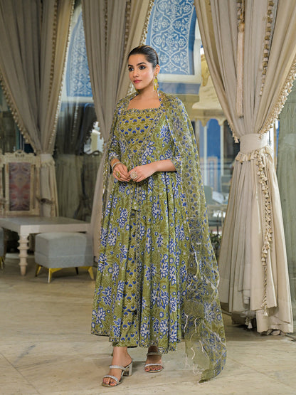 Green Hand Block Cotton Anarkali Kurta Pant With Dupatta & Jecket