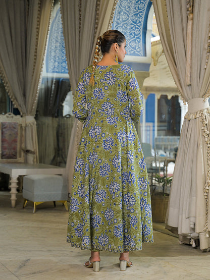 Green Hand Block Cotton Anarkali Kurta Pant With Dupatta & Jecket