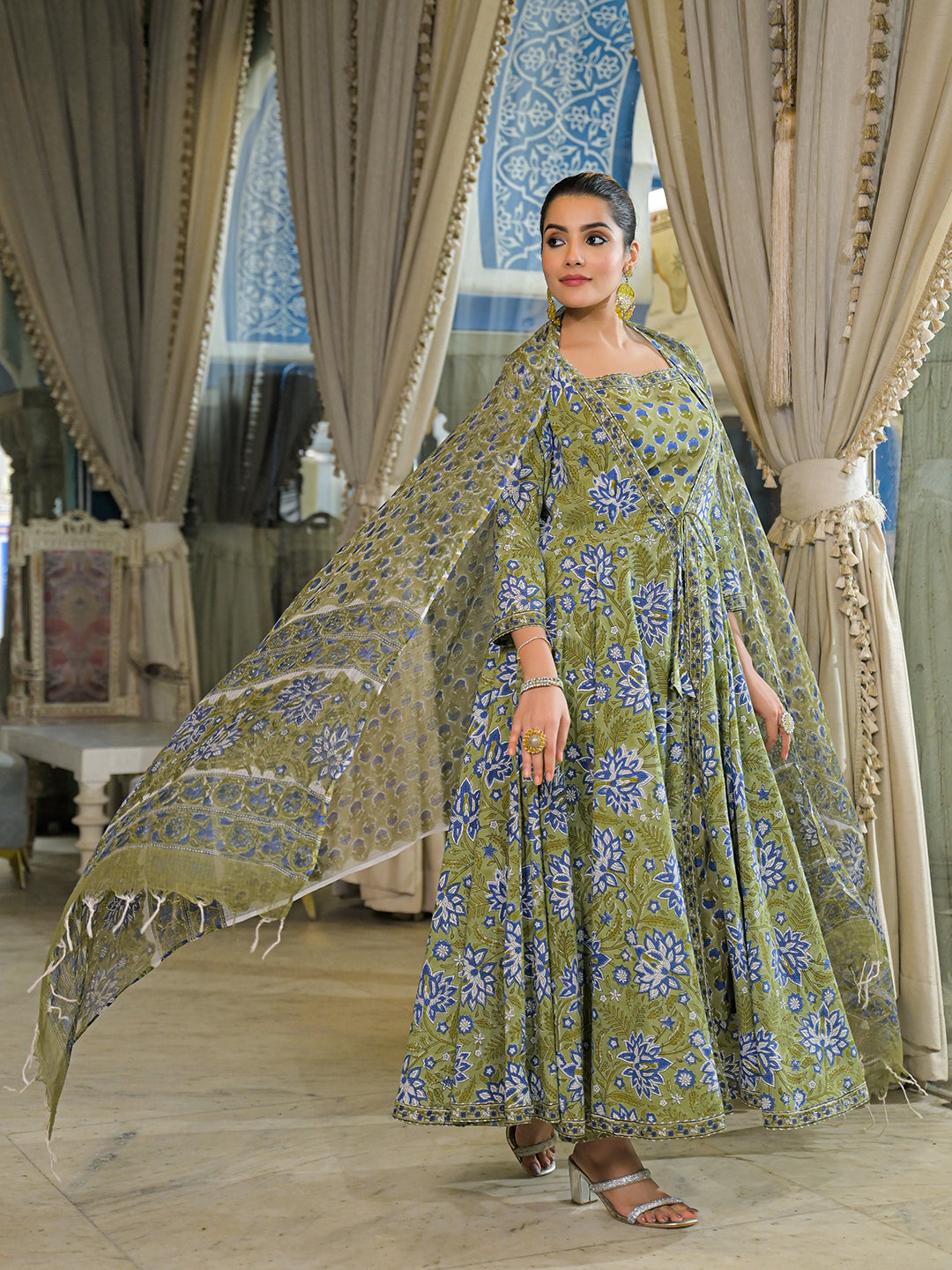 Green Hand Block Cotton Anarkali Kurta Pant With Dupatta & Jecket