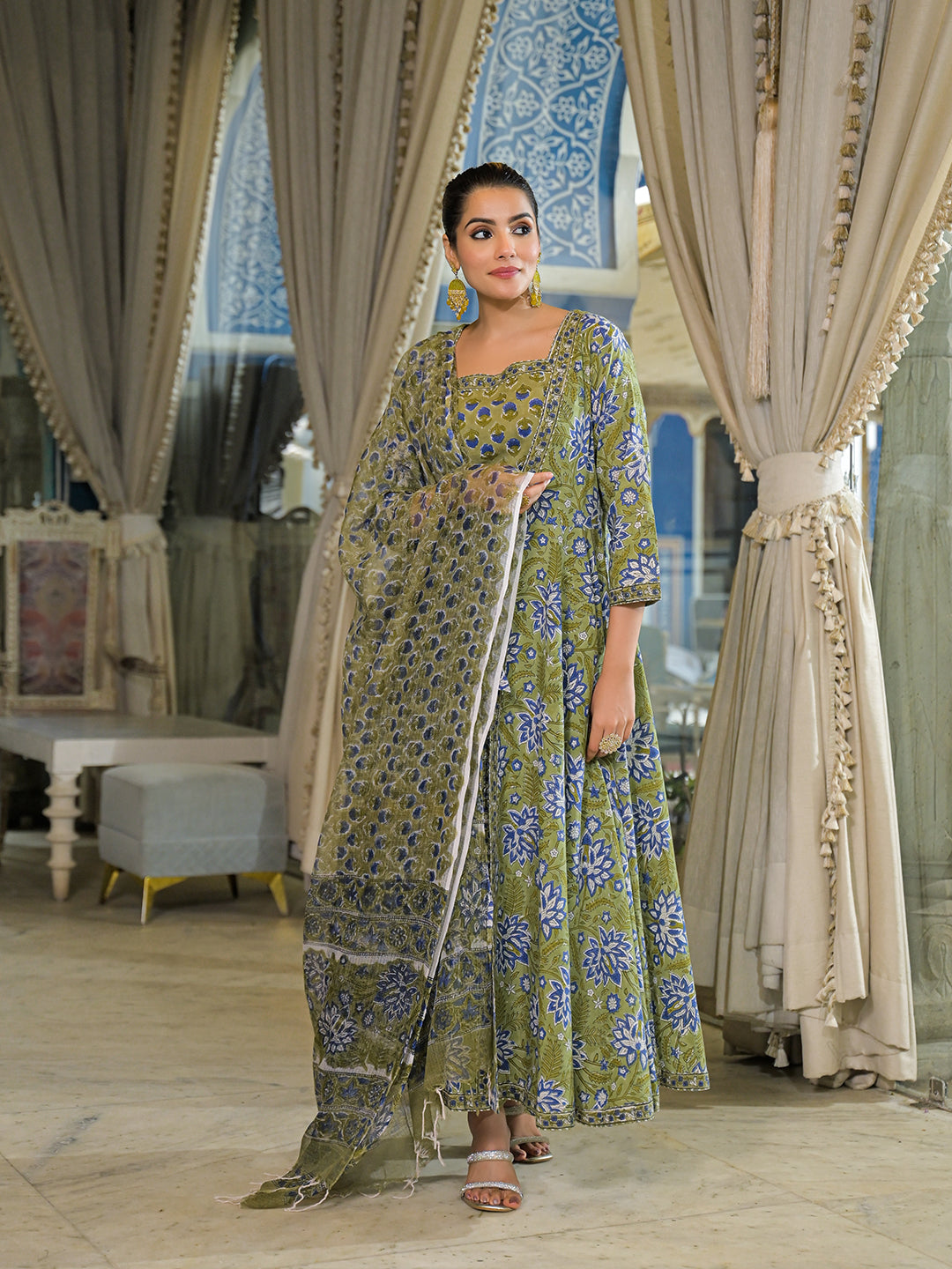 Green Hand Block Cotton Anarkali Kurta Pant With Dupatta & Jecket