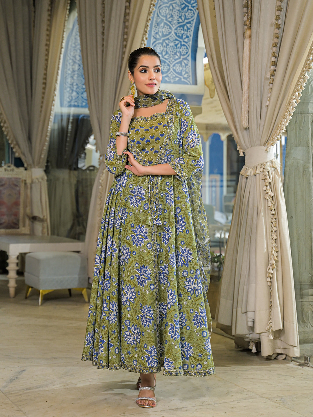 Green Hand Block Cotton Anarkali Kurta Pant With Dupatta & Jecket