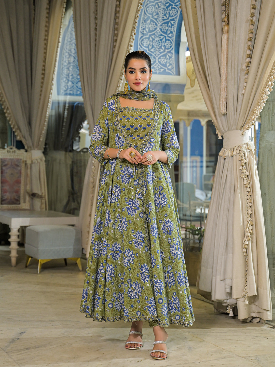 Green Hand Block Cotton Anarkali Kurta Pant With Dupatta & Jecket