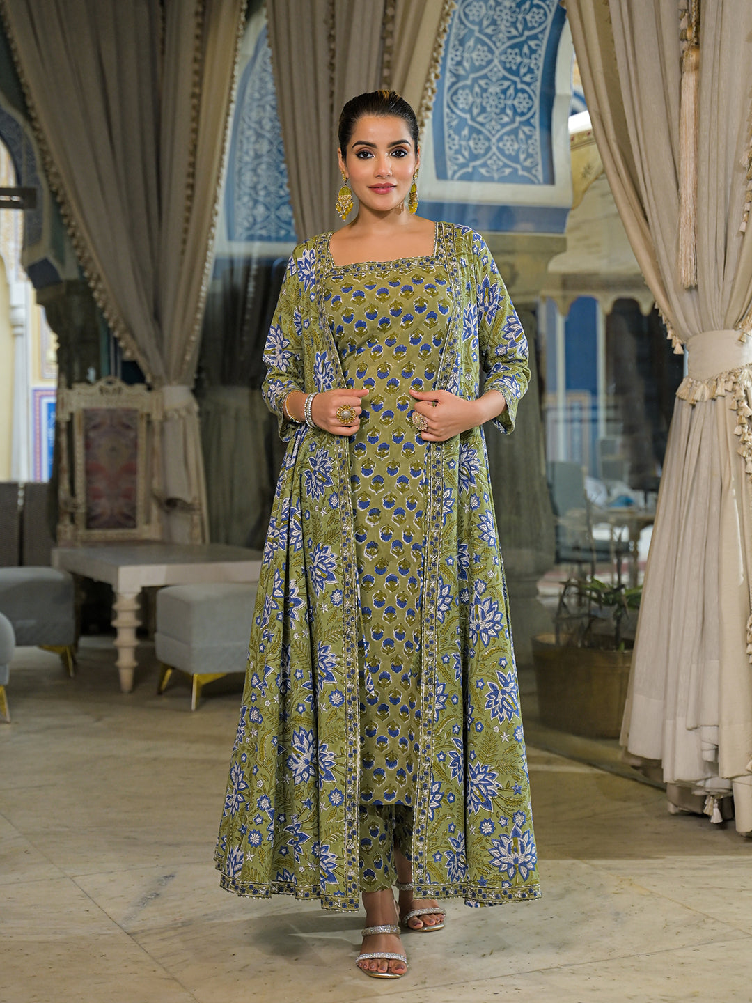 Green Hand Block Cotton Anarkali Kurta Pant With Dupatta & Jecket