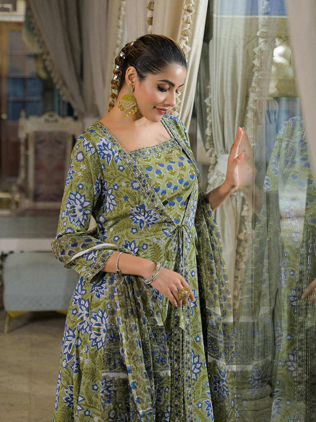 Green Hand Block Cotton Anarkali Kurta Pant With Dupatta & Jecket
