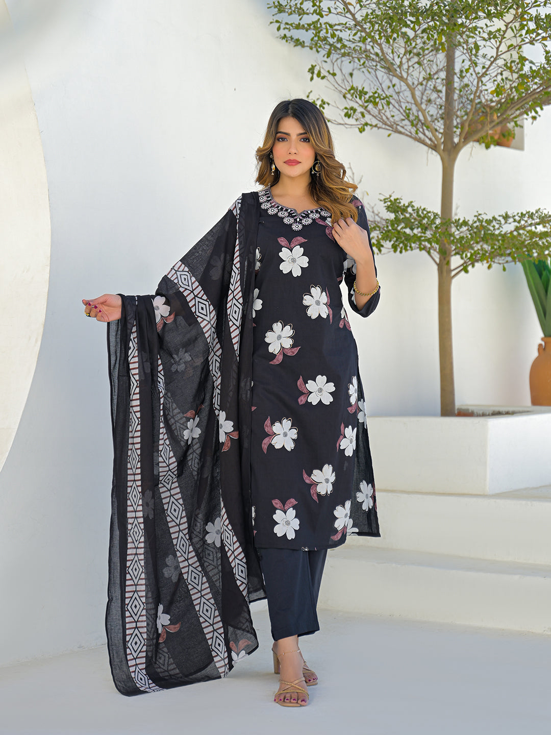 Black Round Neck Floral Cotton Straight Kurta Pant Set With Dupatta