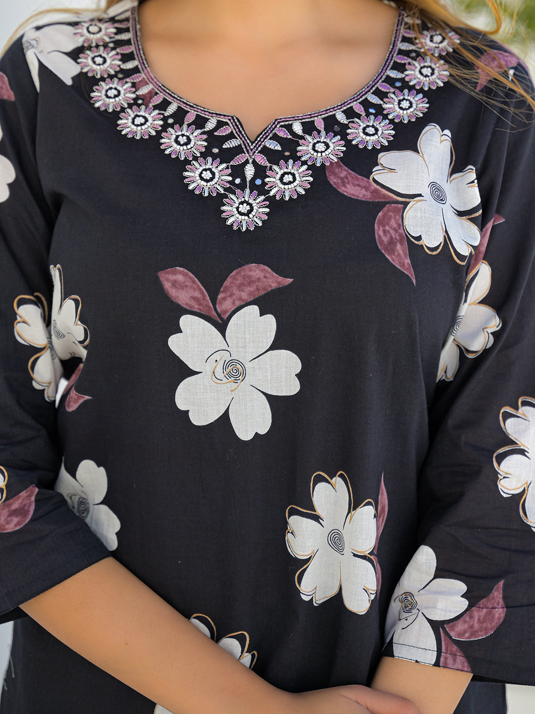 Black Round Neck Floral Cotton Straight Kurta Pant Set With Dupatta