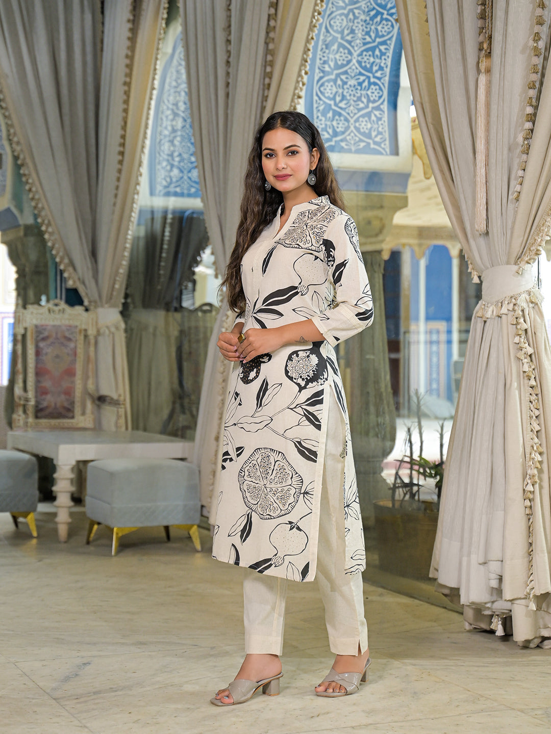 Off White Floral Print Cotton Straight Kurta Pant Sets