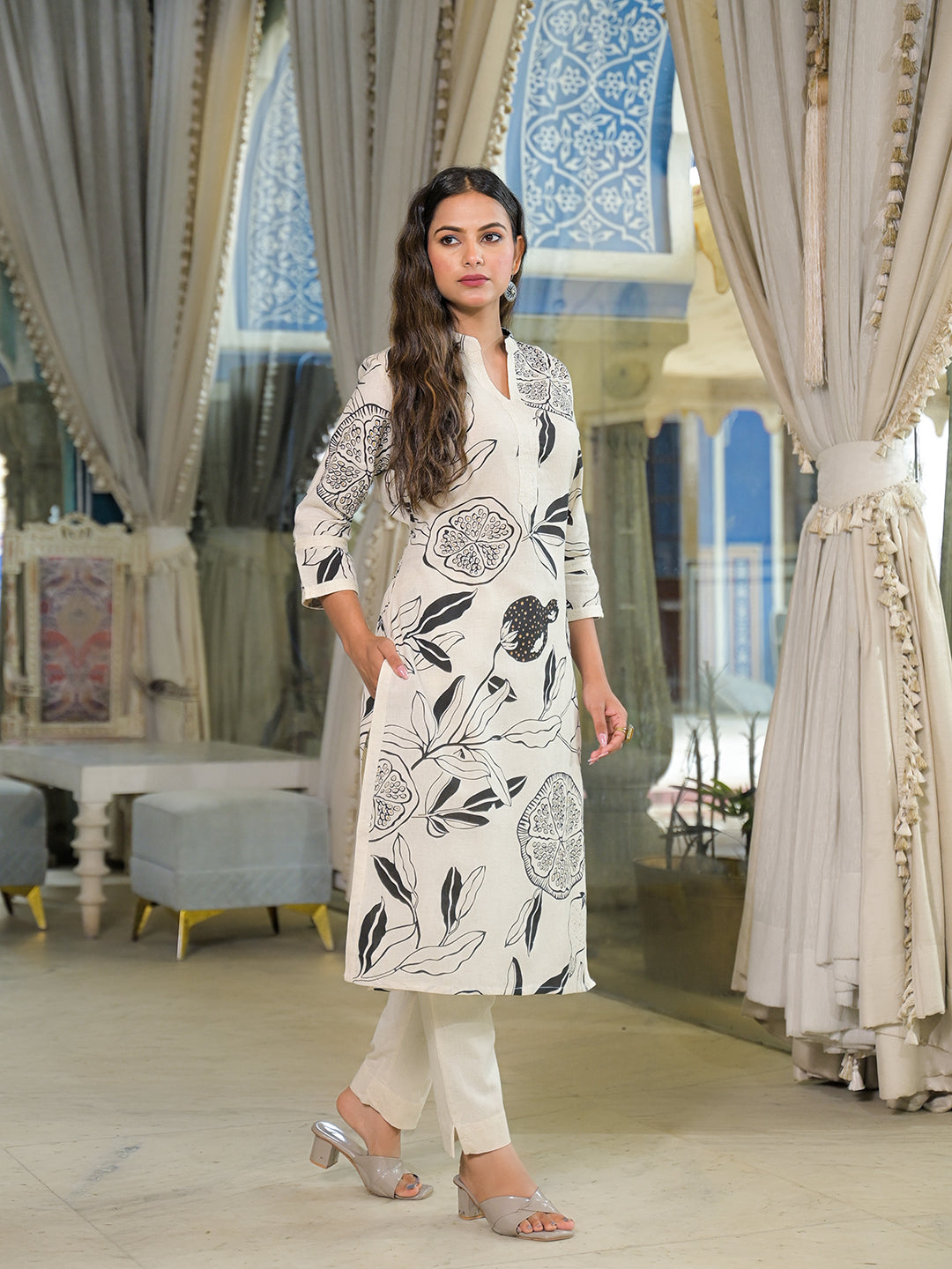 Off White Floral Print Cotton Straight Kurta Pant Sets