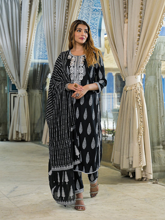 Black Embroidered Cotton Straight Kurta Pant Set With Dupatta
