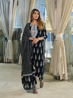 Black Embroidered Cotton Straight Kurta Pant Set With Dupatta