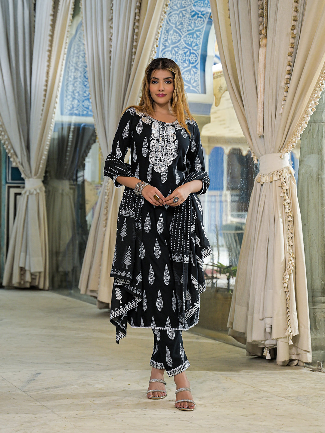 Black Embroidered Cotton Straight Kurta Pant Set With Dupatta