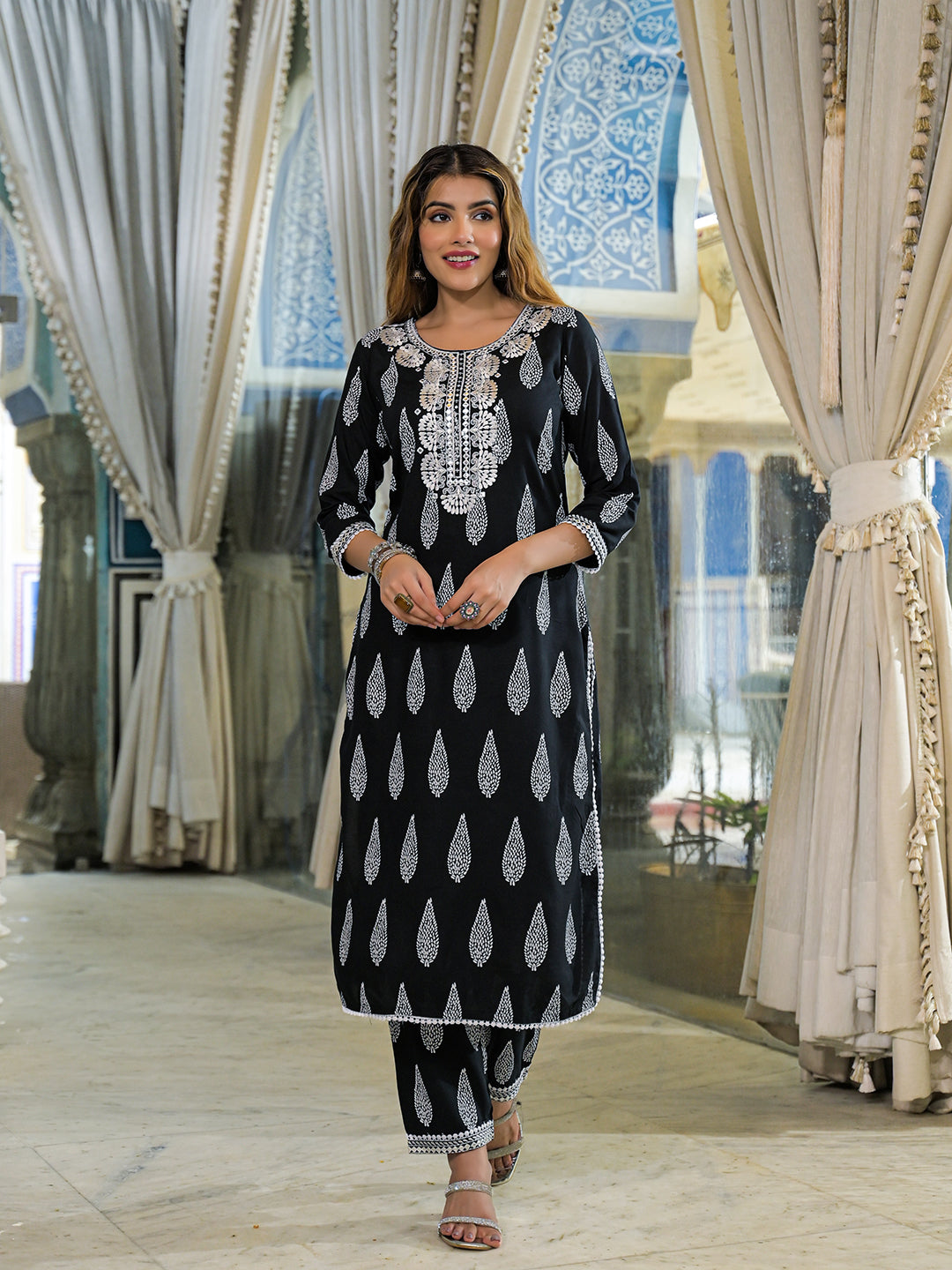 Black Embroidered Cotton Straight Kurta Pant Set With Dupatta