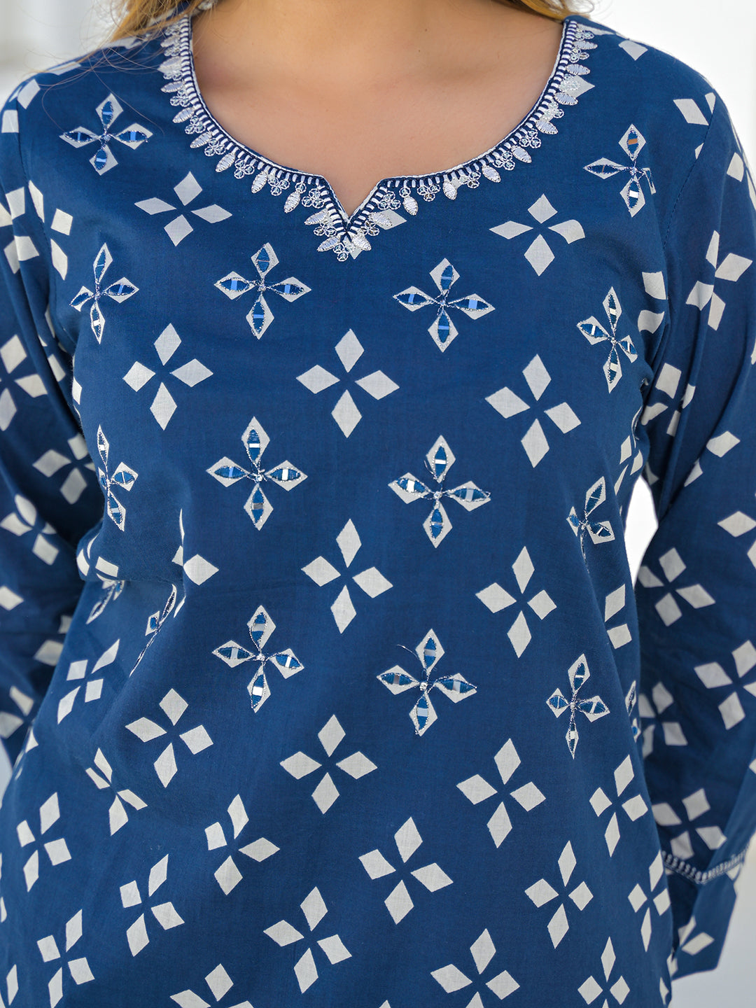 Blue Round Neck Cotton Straight Kurta Pant Set With Dupatta