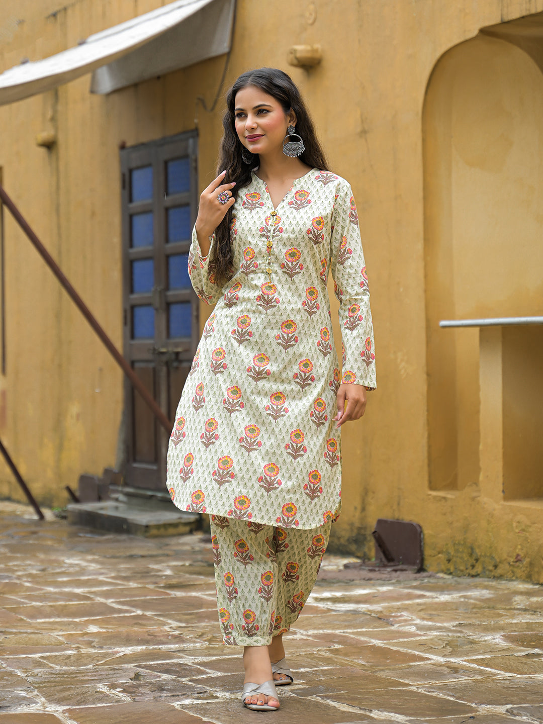 Divena Cream Floral Print Cotton Co-ord Sets