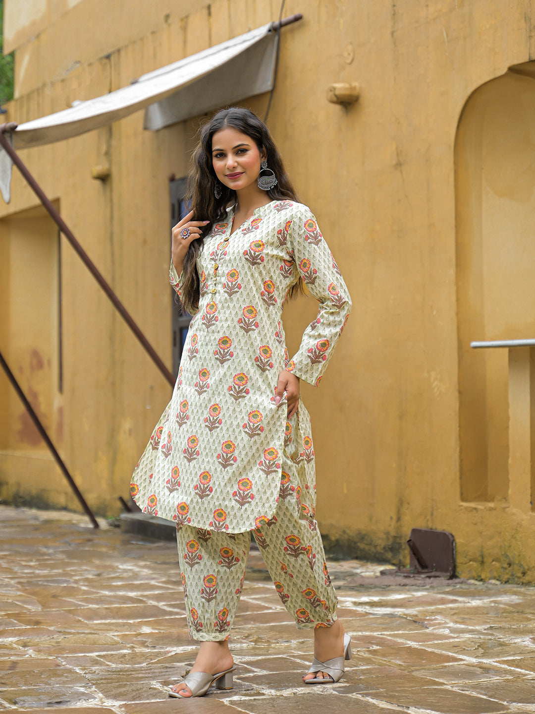 Divena Cream Floral Print Cotton Co-ord Sets
