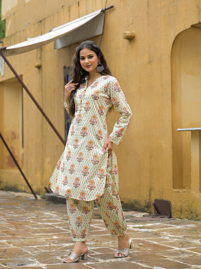 Cream Floral Print Cotton Co-ord Sets