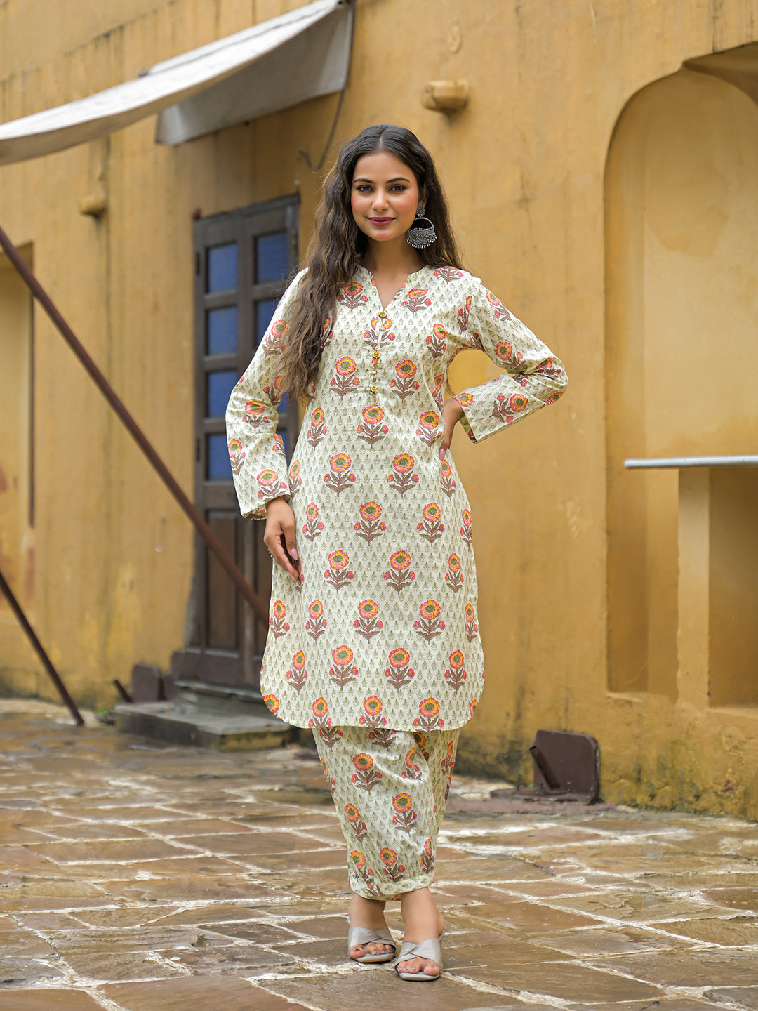 Divena Cream Floral Print Cotton Co-ord Sets