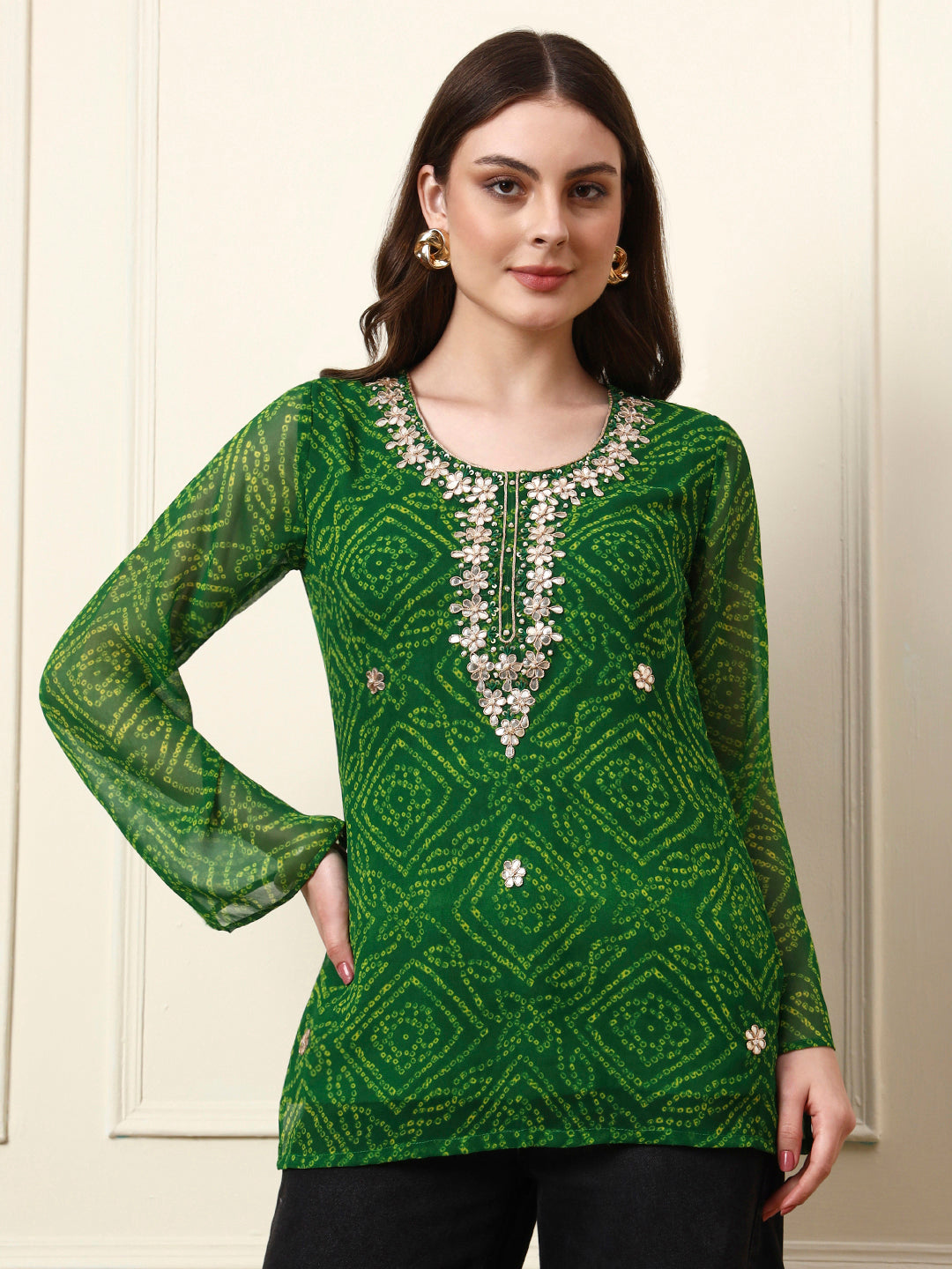 Green Round Neck Georgette Bandhani Print Top