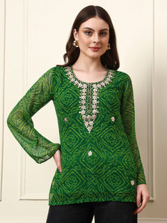 Green Round Neck Georgette Bandhani Print Top
