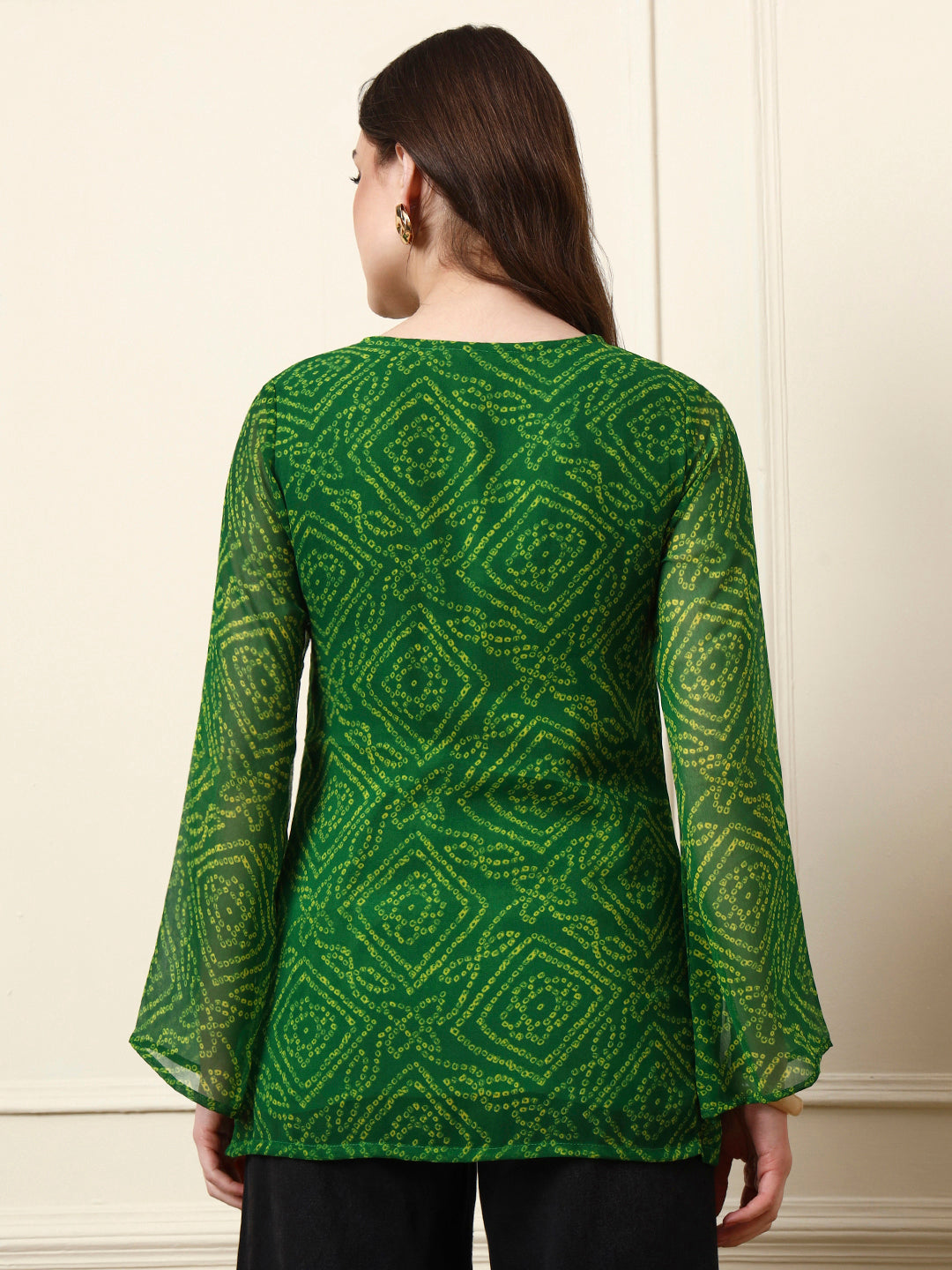 Green Round Neck Georgette Bandhani Print Top