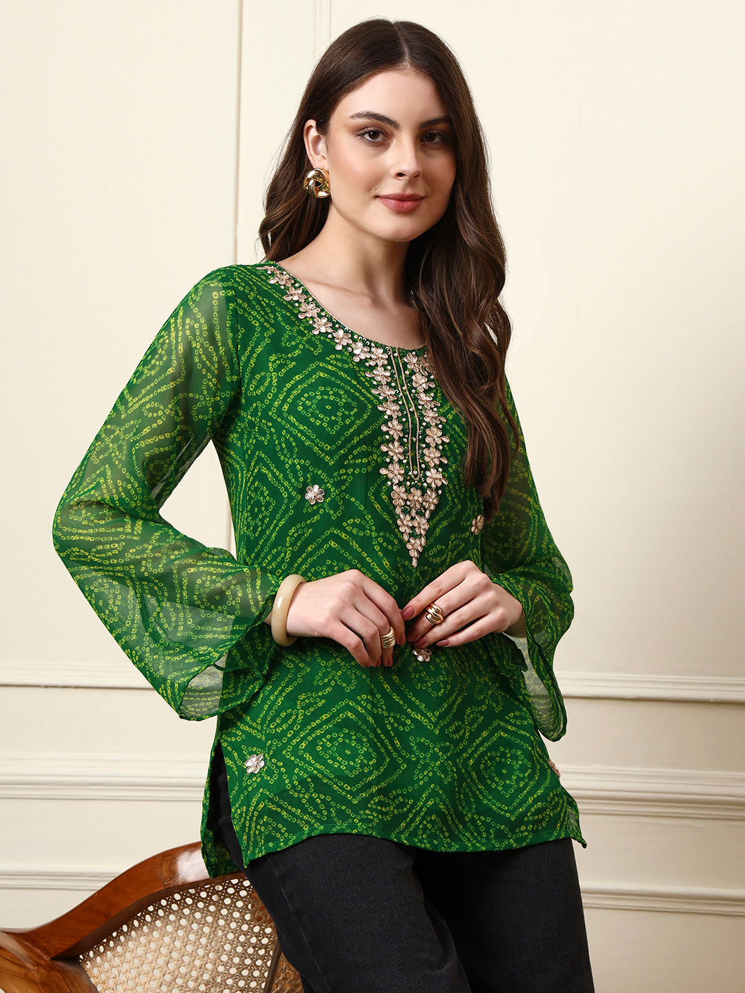 Green Round Neck Georgette Bandhani Print Top