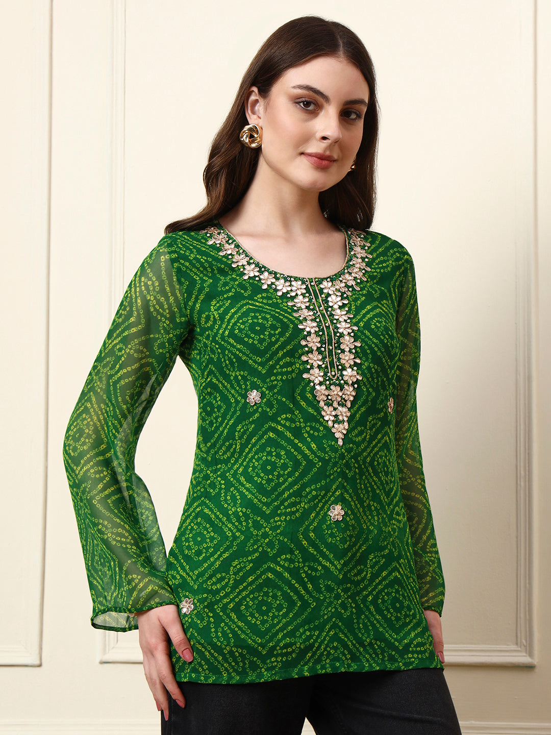Green Round Neck Georgette Bandhani Print Top