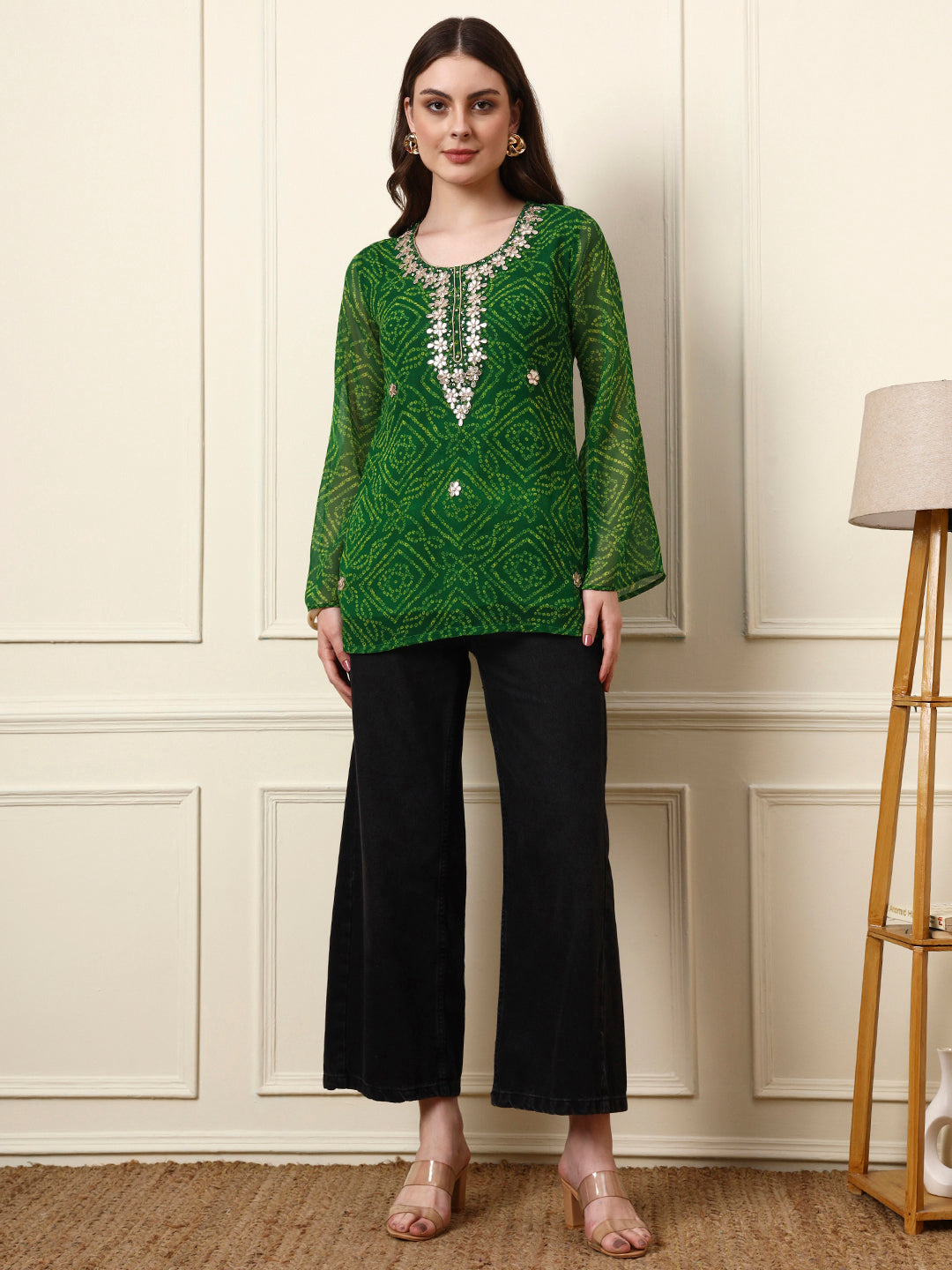 Green Round Neck Georgette Bandhani Print Top