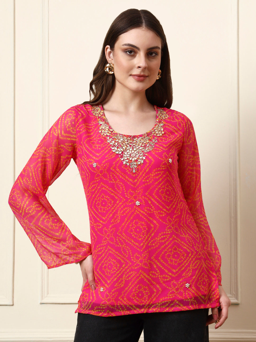 Pink Round Neck Georgette Bandhani Print Top