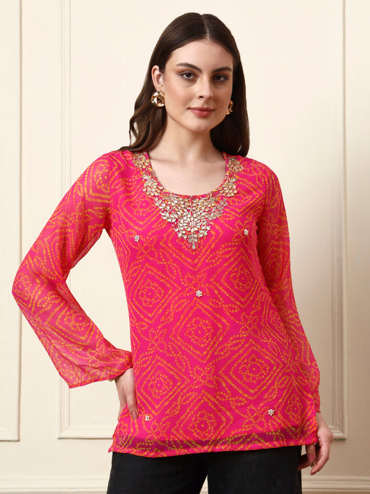 Pink Round Neck Georgette Bandhani Print Top