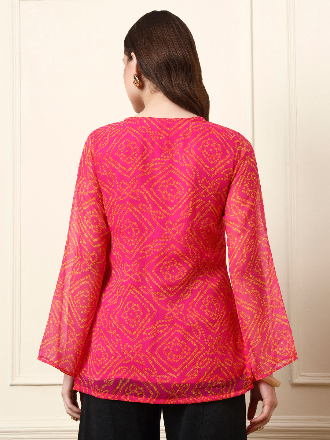 Pink Round Neck Georgette Bandhani Print Top