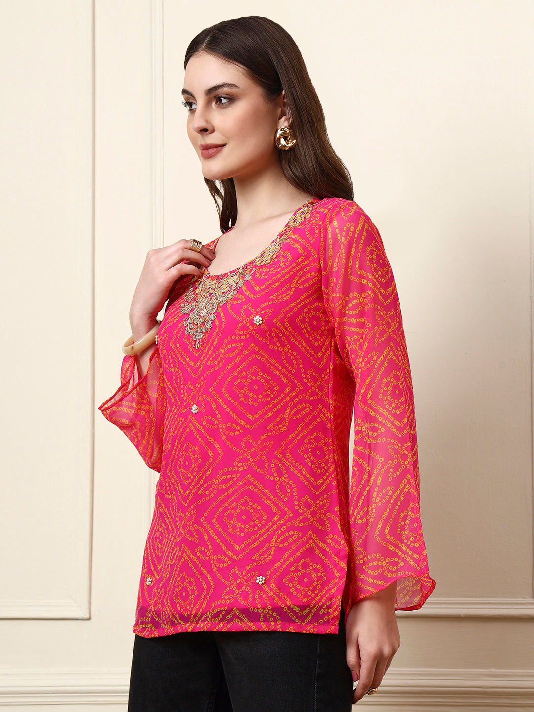 Pink Round Neck Georgette Bandhani Print Top