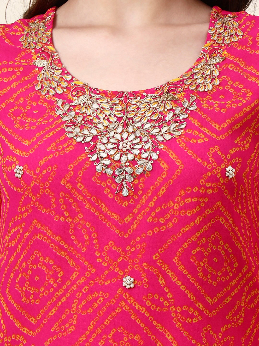 Pink Round Neck Georgette Bandhani Print Top