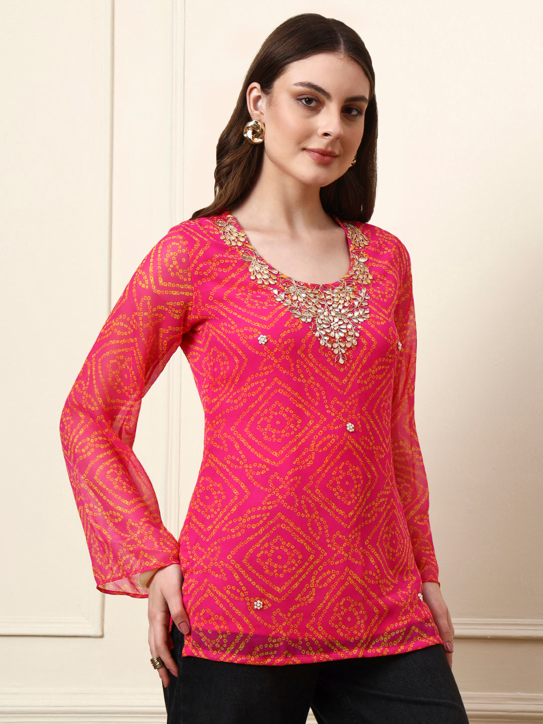 Pink Round Neck Georgette Bandhani Print Top