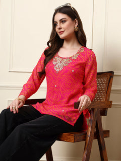 Pink Round Neck Georgette Bandhani Print Top