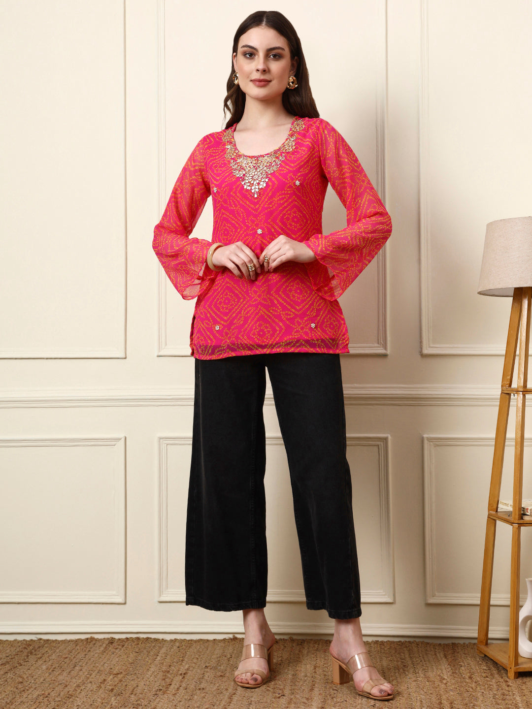 Pink Round Neck Georgette Bandhani Print Top