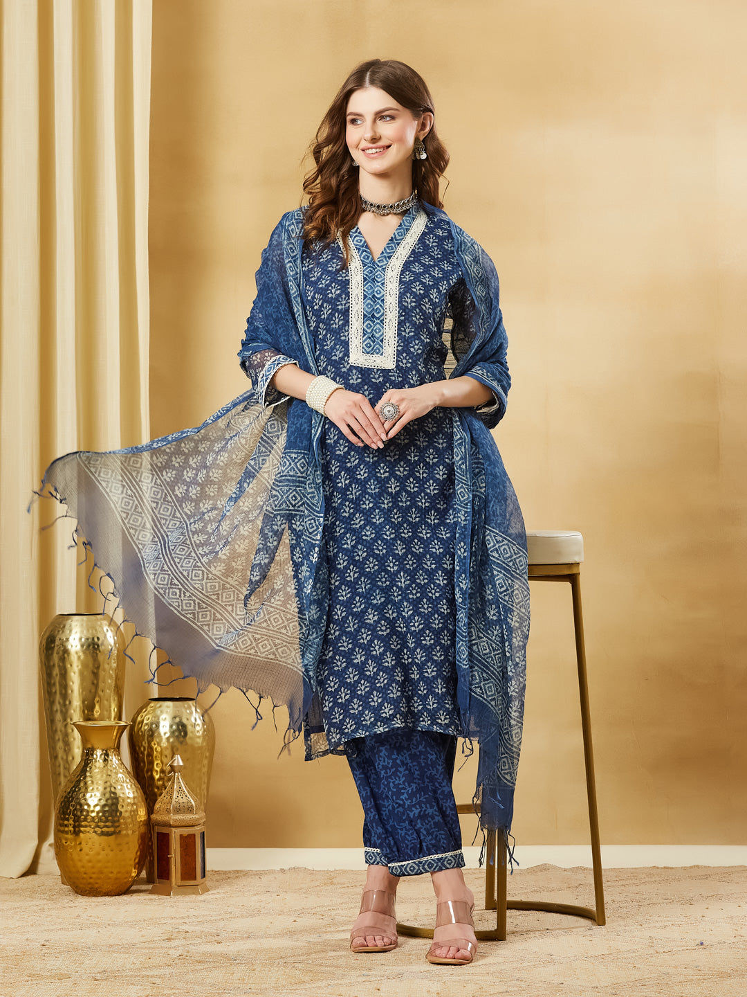 Blue Floral Kota Doria Hand Block Kurta Pant Set With Dupatta