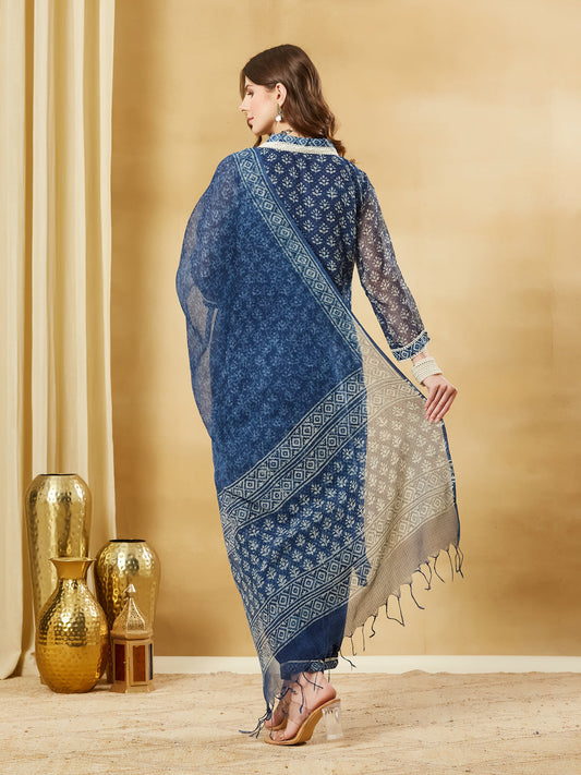 Blue Floral Kota Doria Hand Block Kurta Pant Set With Dupatta