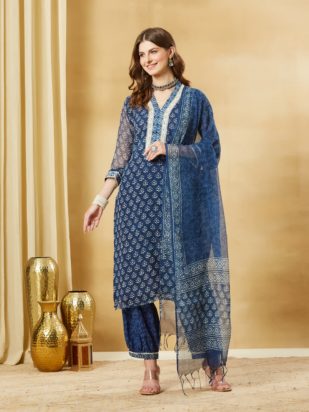 Blue Floral Kota Doria Hand Block Kurta Pant Set With Dupatta