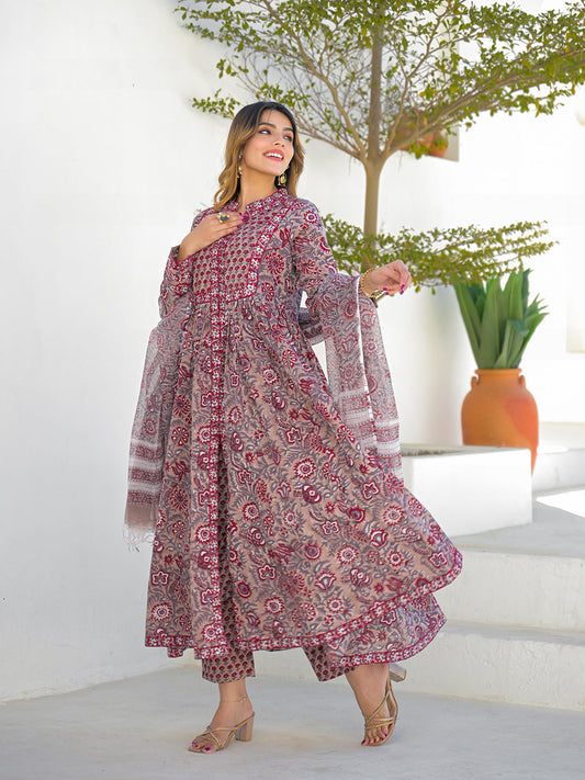 Maroon Hand Block Cotton Anarkali Kurta Pant Set With Dupatta
