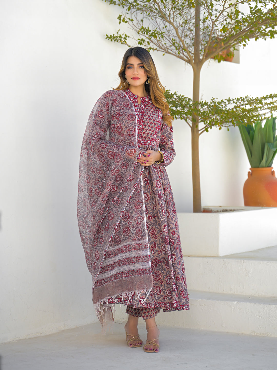 Maroon Hand Block Cotton Anarkali Kurta Pant Set With Dupatta