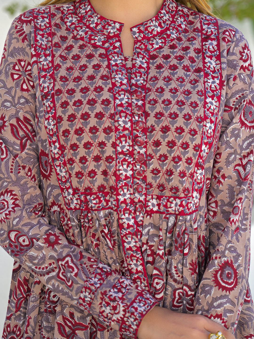 Maroon Hand Block Cotton Anarkali Kurta Pant Set With Dupatta