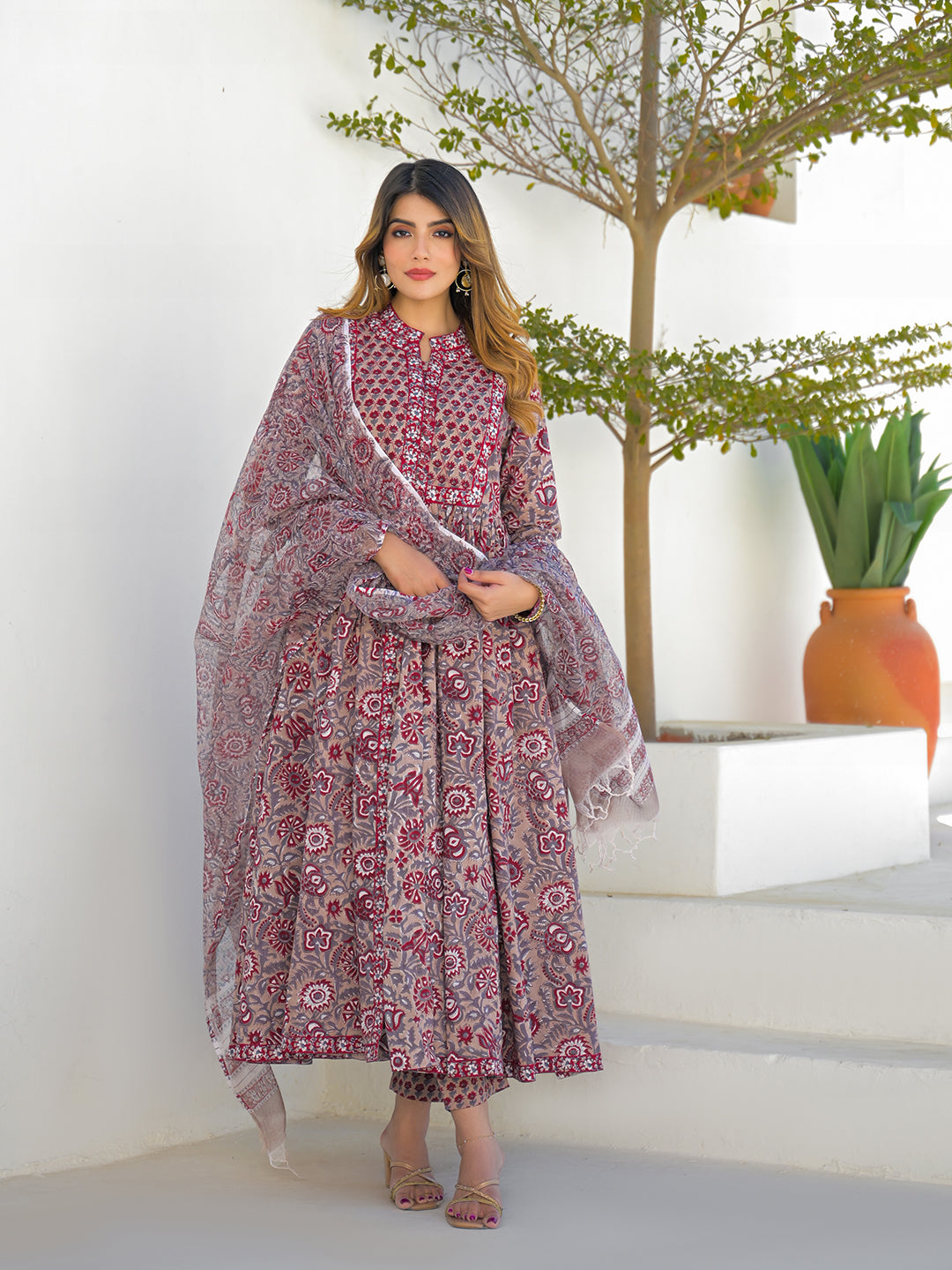 Maroon Hand Block Cotton Anarkali Kurta Pant Set With Dupatta