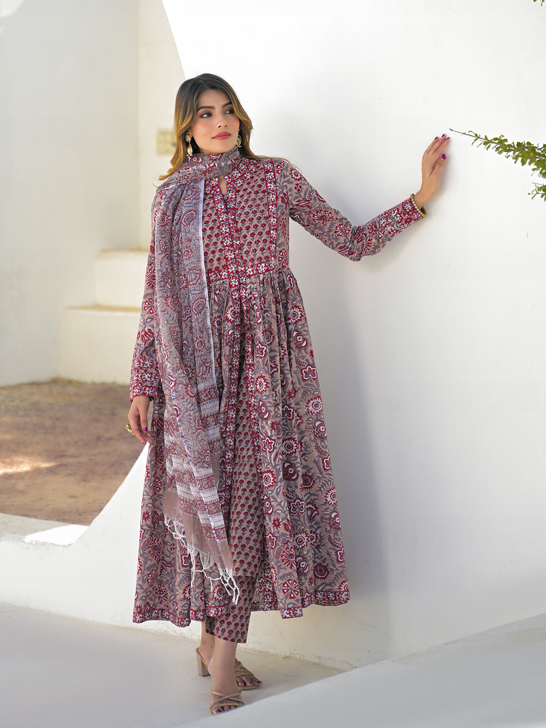 Maroon Hand Block Cotton Anarkali Kurta Pant Set With Dupatta
