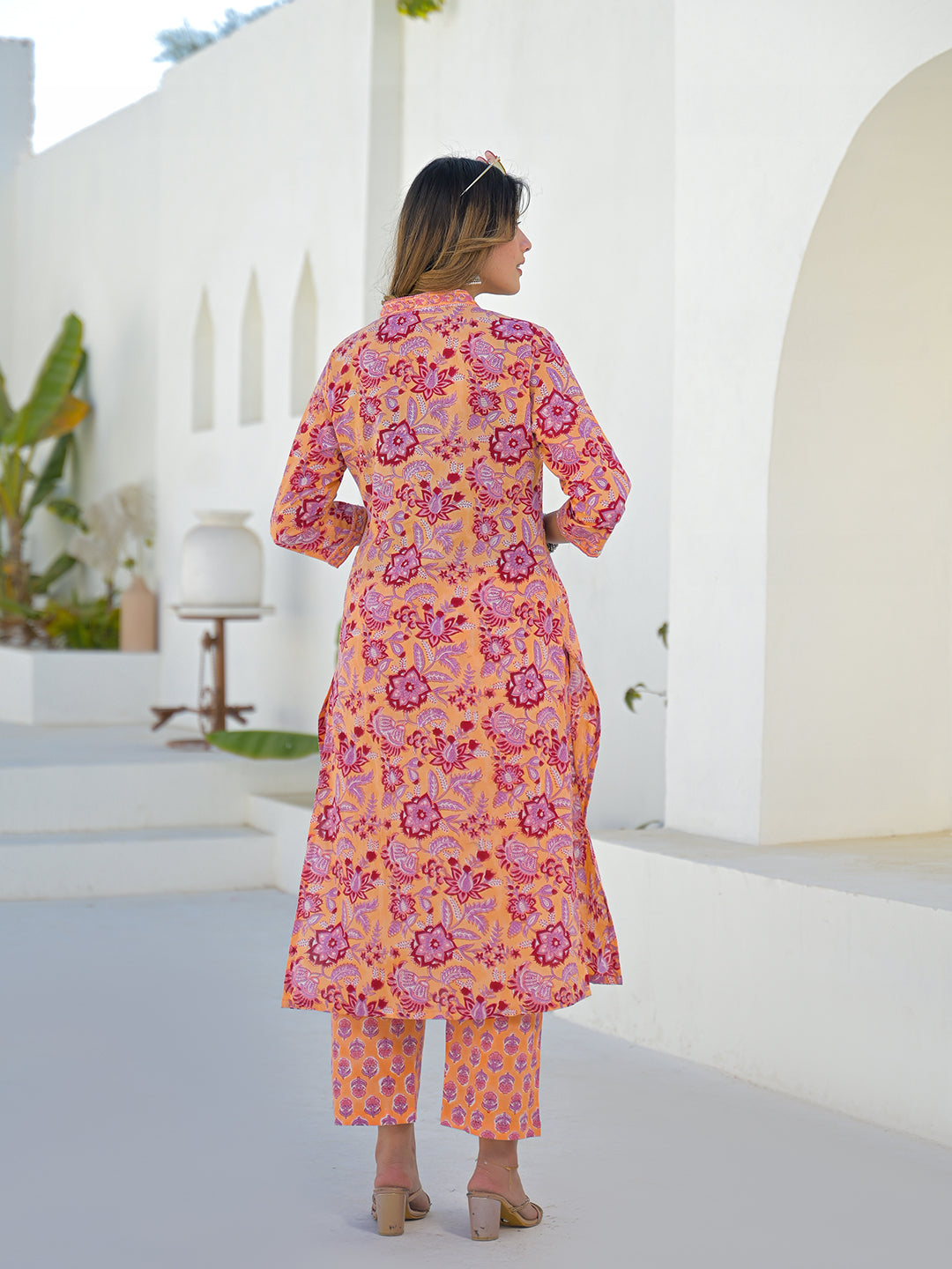 Orange Floral Cotton Hand Block Kurta Sets With Dupatta